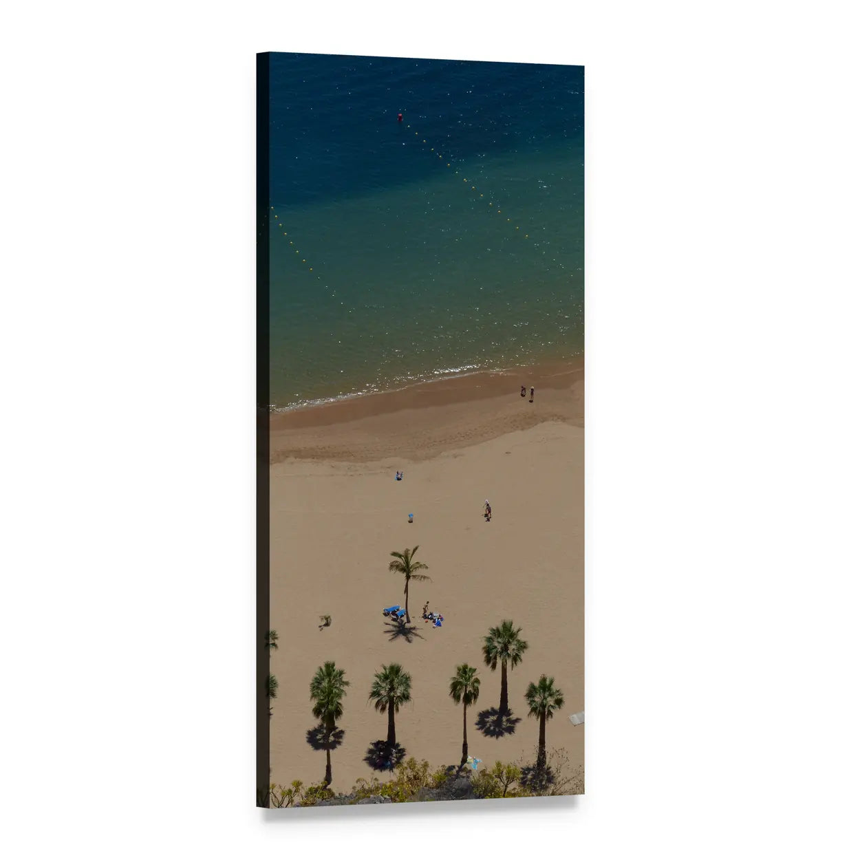 Aerial Sand Beach with Palm Trees Vertical Canvas Wall Art, 1 panel 1 Vertical layout gallery wrapped canvas set, angled product view