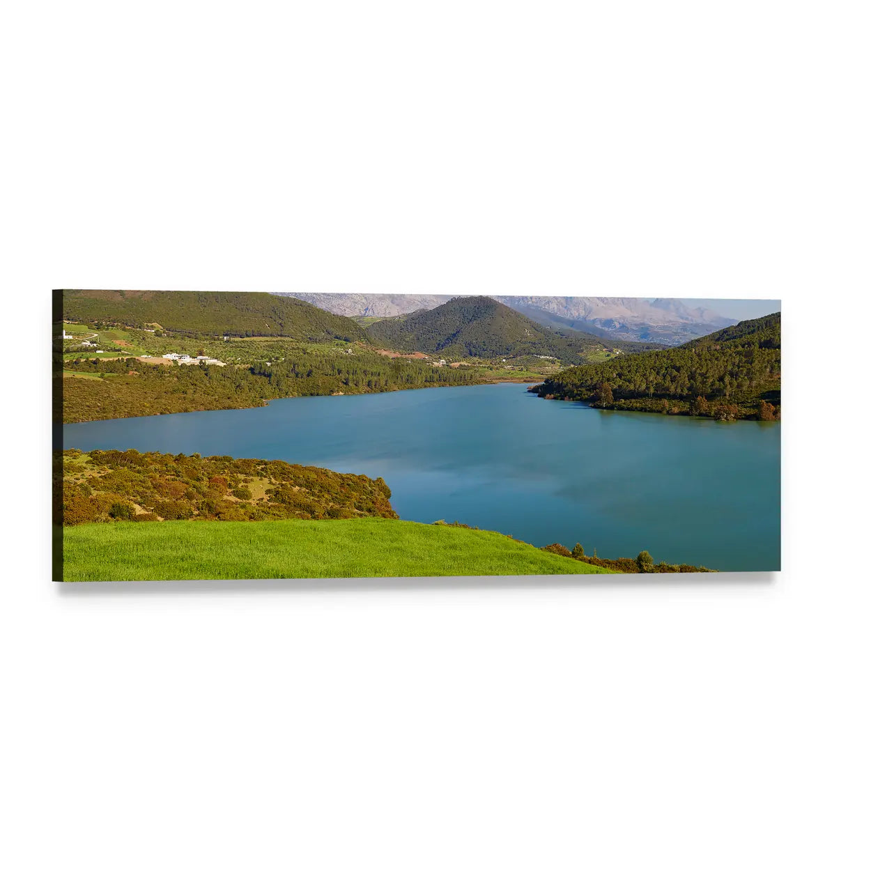 Calm Mountain Lake at Distant Peaks Panoramic Canvas Wall Art, single panel gallery wrapped canvas, angled product view