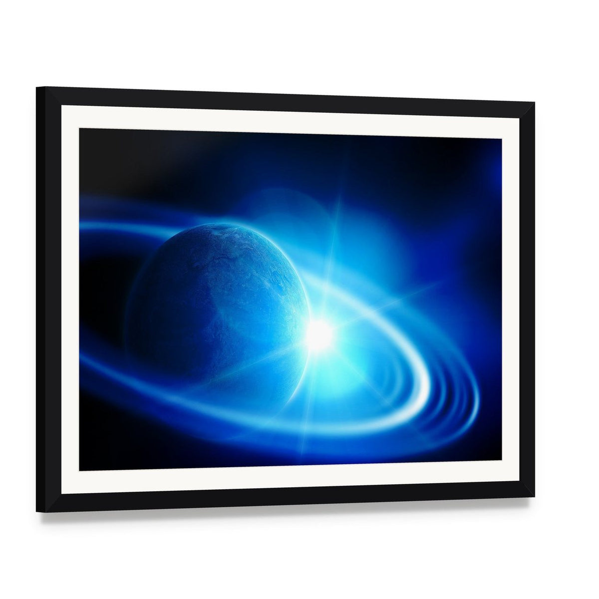 Realistic Saturn in Open Space Canvas Wall Art, framed print with white mat and black frame, angled product view