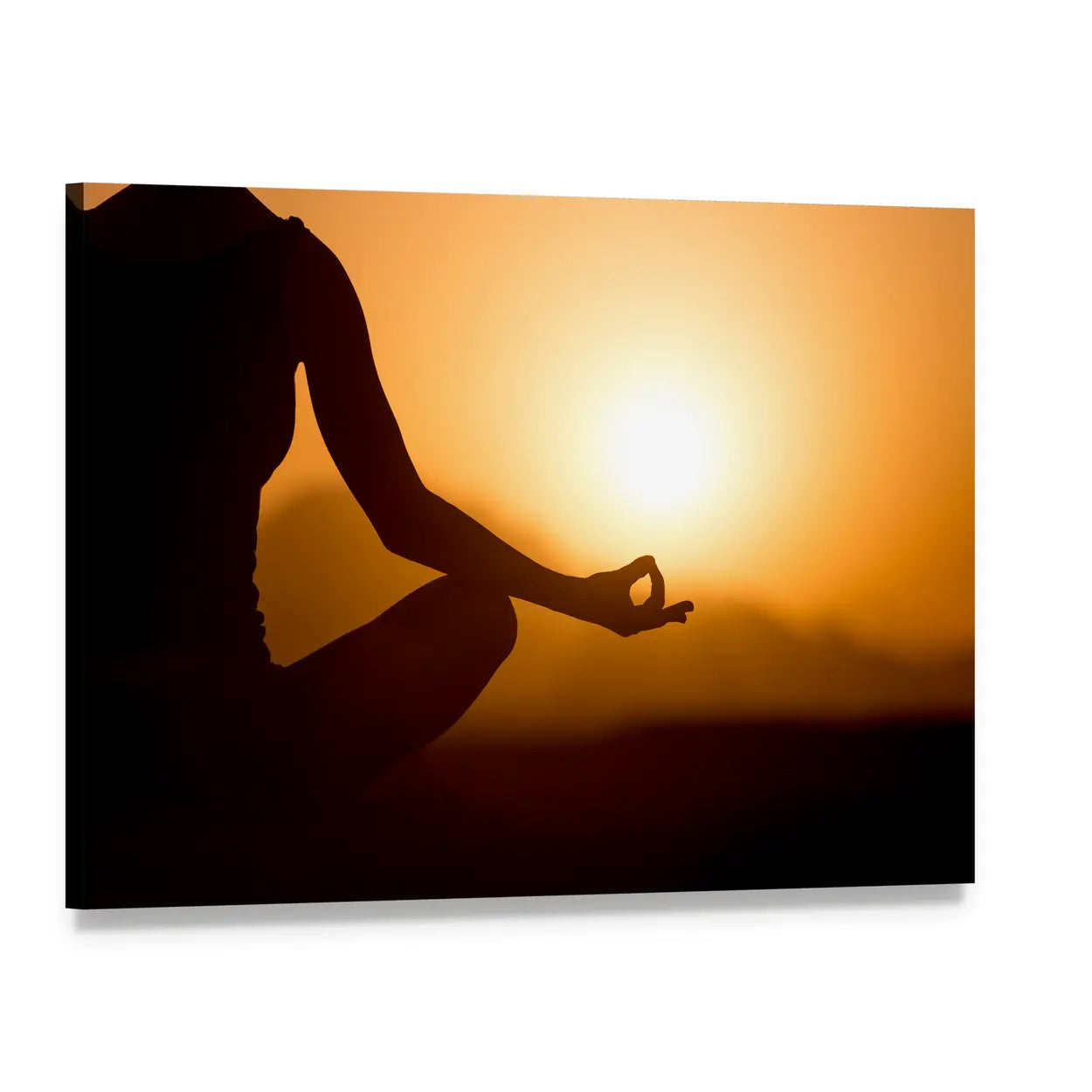 Sunset Yoga Meditation Silhouette Canvas Wall Art, single panel gallery wrapped canvas, angled product view