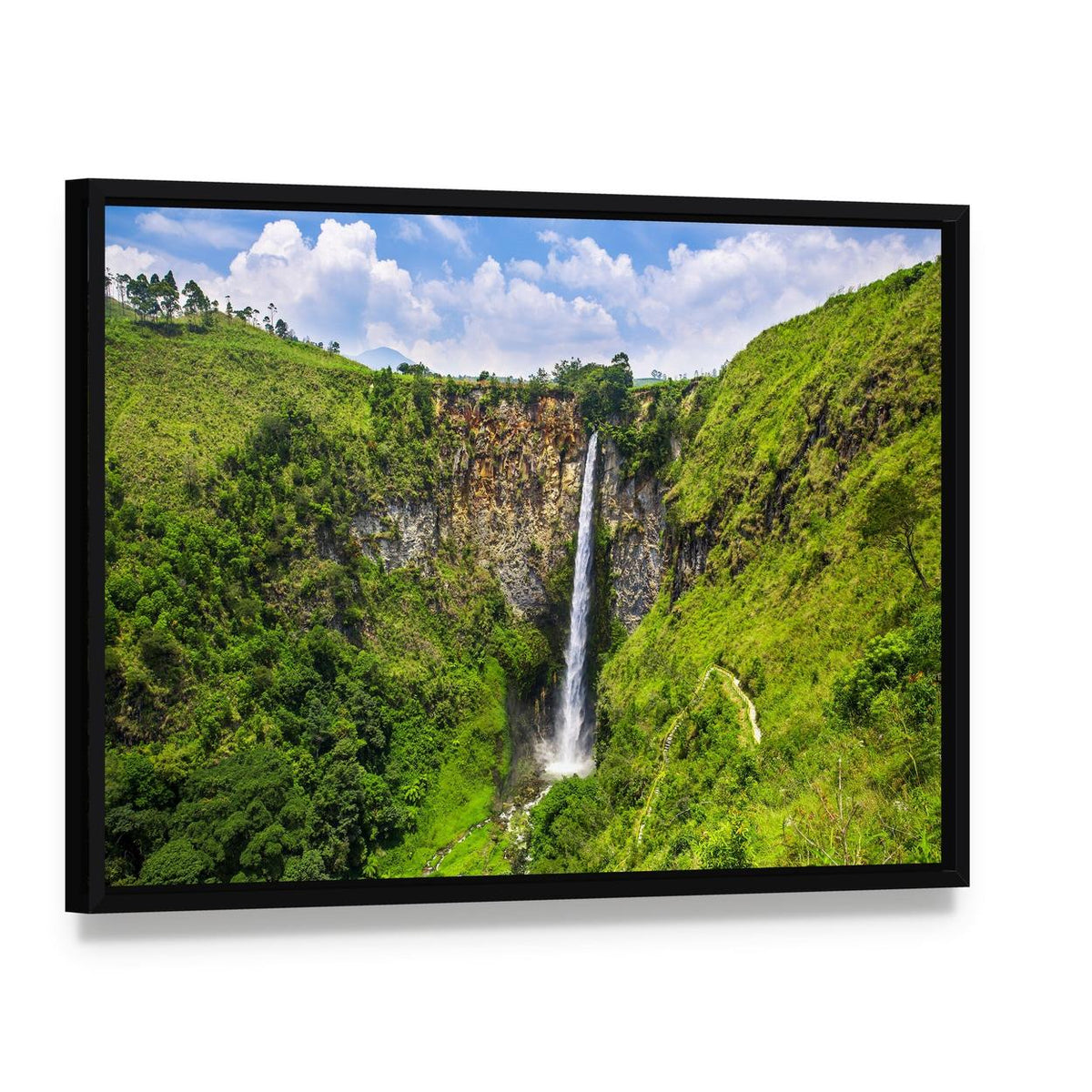 Sipisopiso Waterfall in Northern Sumatra Canvas Wall Art, framed canvas in a black floater frame, angled product view