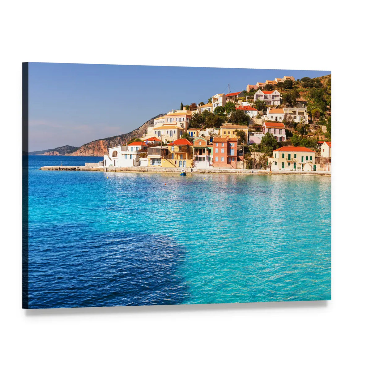 Hillside Coastal Village with Turquoise Sea Canvas Wall Art, single panel gallery wrapped canvas, angled product view