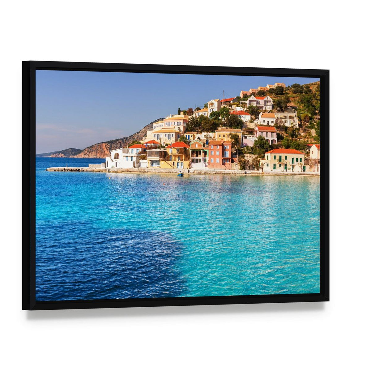 Assos Village, Kefalonia Seaside Town Canvas Wall Art, framed canvas in a black floater frame, angled product view