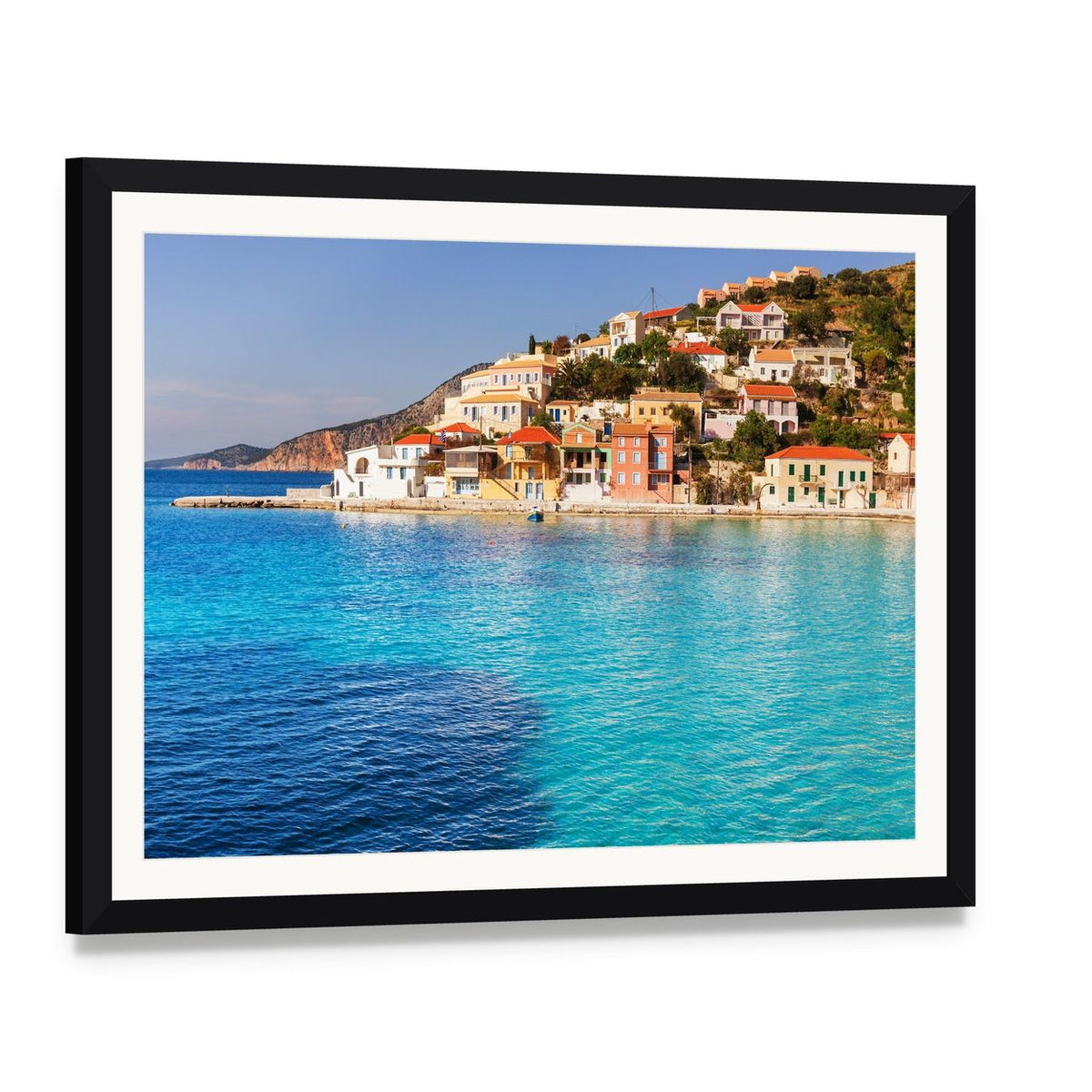 Assos Village, Kefalonia Seaside Town Canvas Wall Art, framed print with white mat and black frame, angled product view
