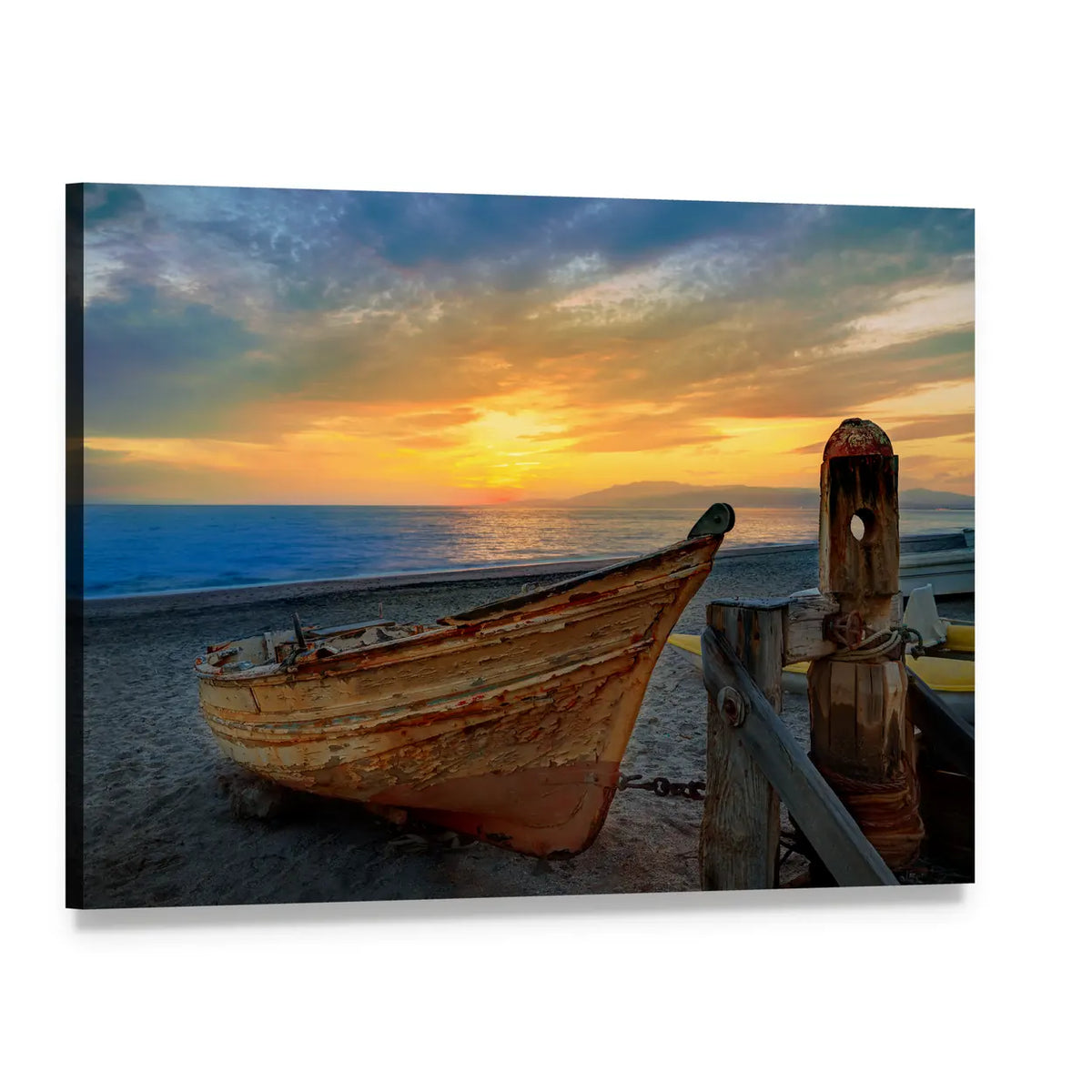 Old Wooden Boat at Sunset Beach Canvas Wall Art, single panel gallery wrapped canvas, angled product view