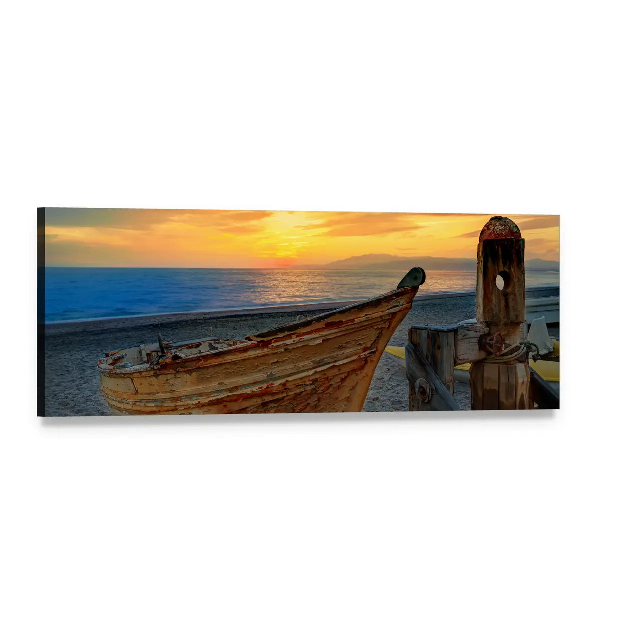 Weathered Boat at Sunset Panoramic Canvas Wall Art, single panel gallery wrapped canvas, angled product view