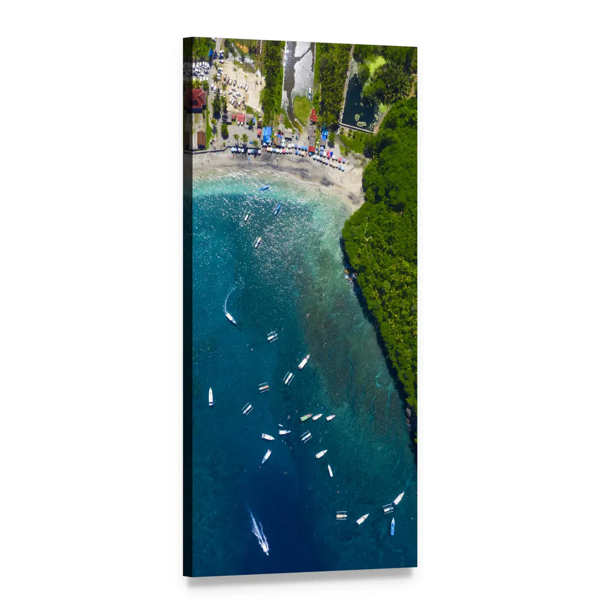 Aerial Turquoise Coastline with Boats Vertical Canvas Wall Art, 1 panel 1 Vertical layout gallery wrapped canvas set, angled product view