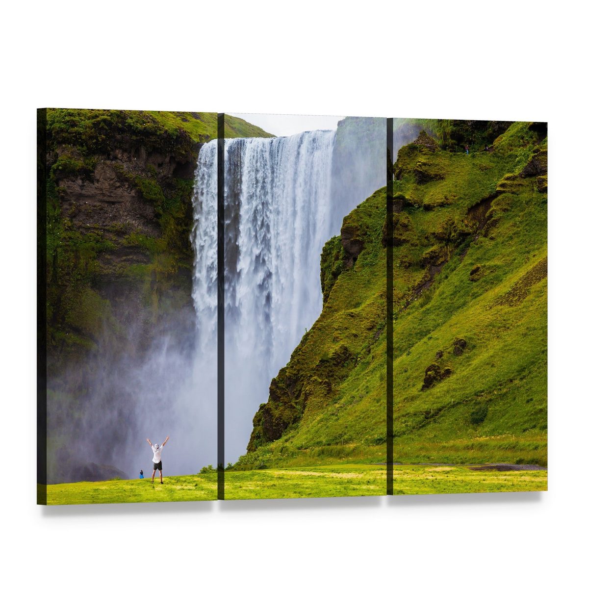 Grand Waterfall Iceland Canvas Wall Art, 3 panel 3 Horizontal layout gallery wrapped canvas set, angled product view