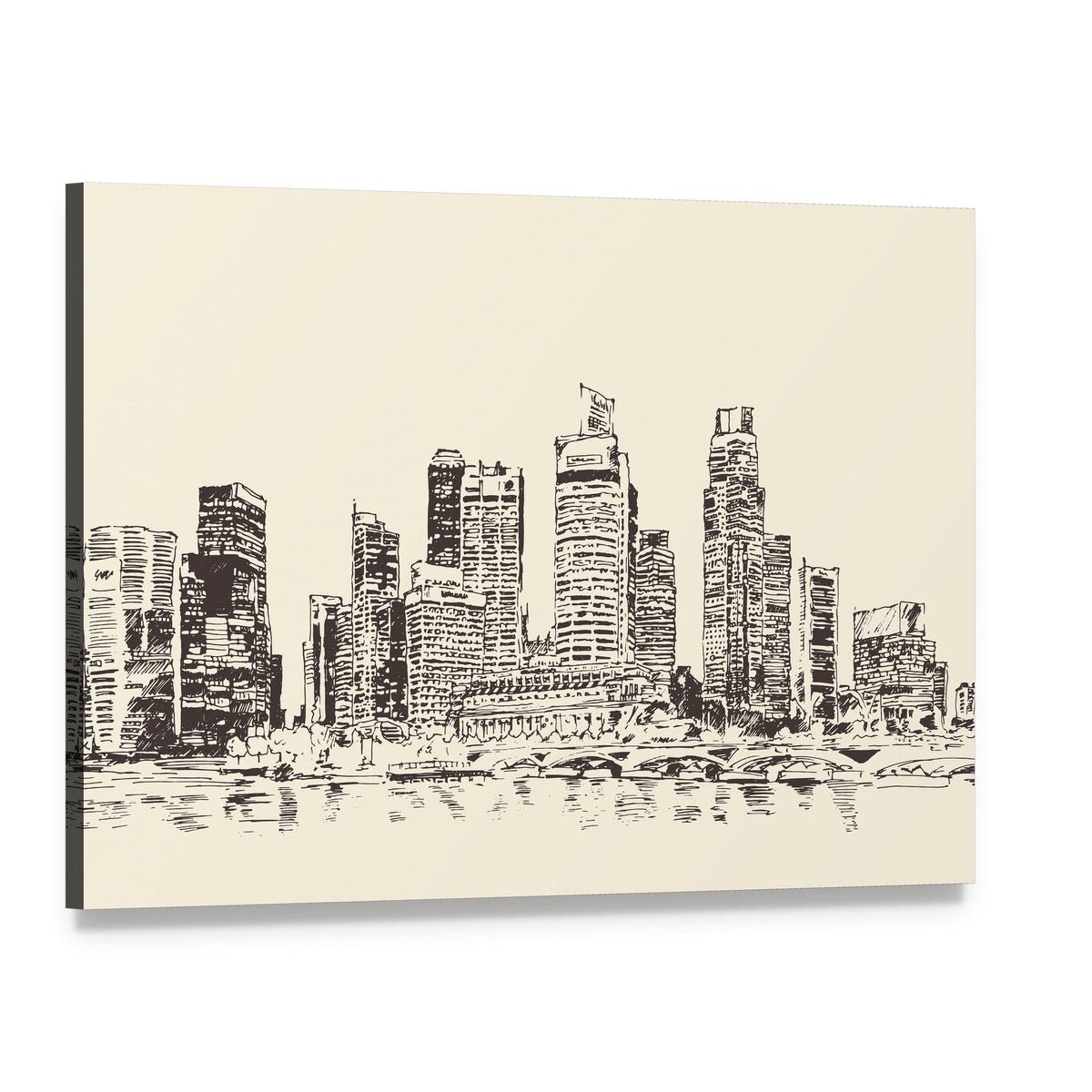 City Skyline Sketch with Waterfront Reflection Canvas Wall Art, single panel gallery wrapped canvas, angled product view