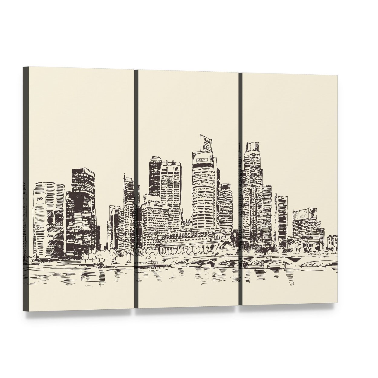 City Skyline Sketch with Waterfront Reflection Canvas Wall Art, 3 panel 3 Horizontal layout gallery wrapped canvas set, angled product view