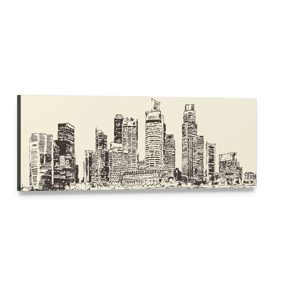 Singapore Skyline Line Sketch Panoramic Canvas Wall Art, single panel gallery wrapped canvas, angled product view