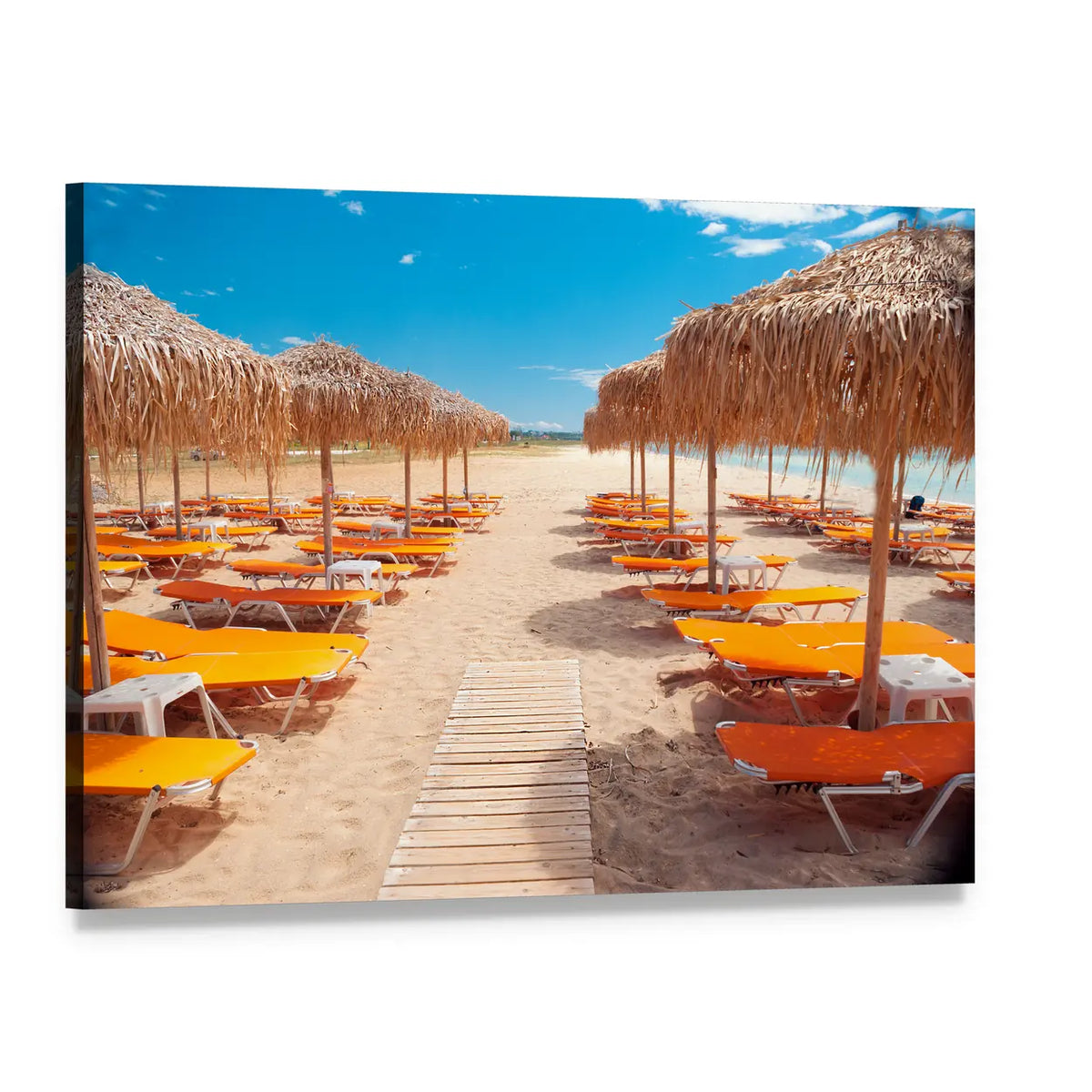 Greek Beach with Wooden Walkway and Orange Loungers Canvas Wall Art, single panel gallery wrapped canvas, angled product view