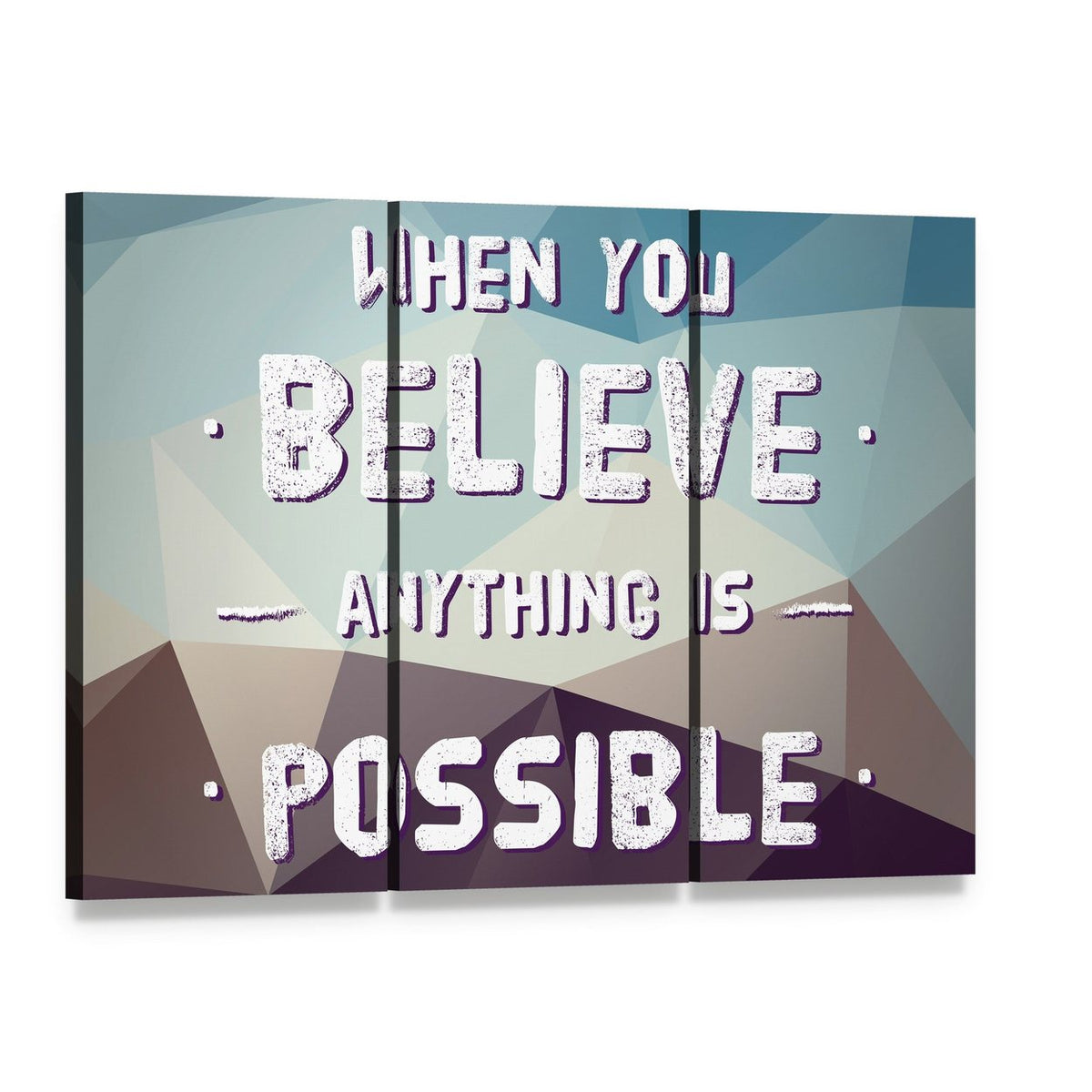 When You Believe Anything Is Possible Infinity Quote Canvas Wall Art, 3 panel 3 Horizontal layout gallery wrapped canvas set, angled product view