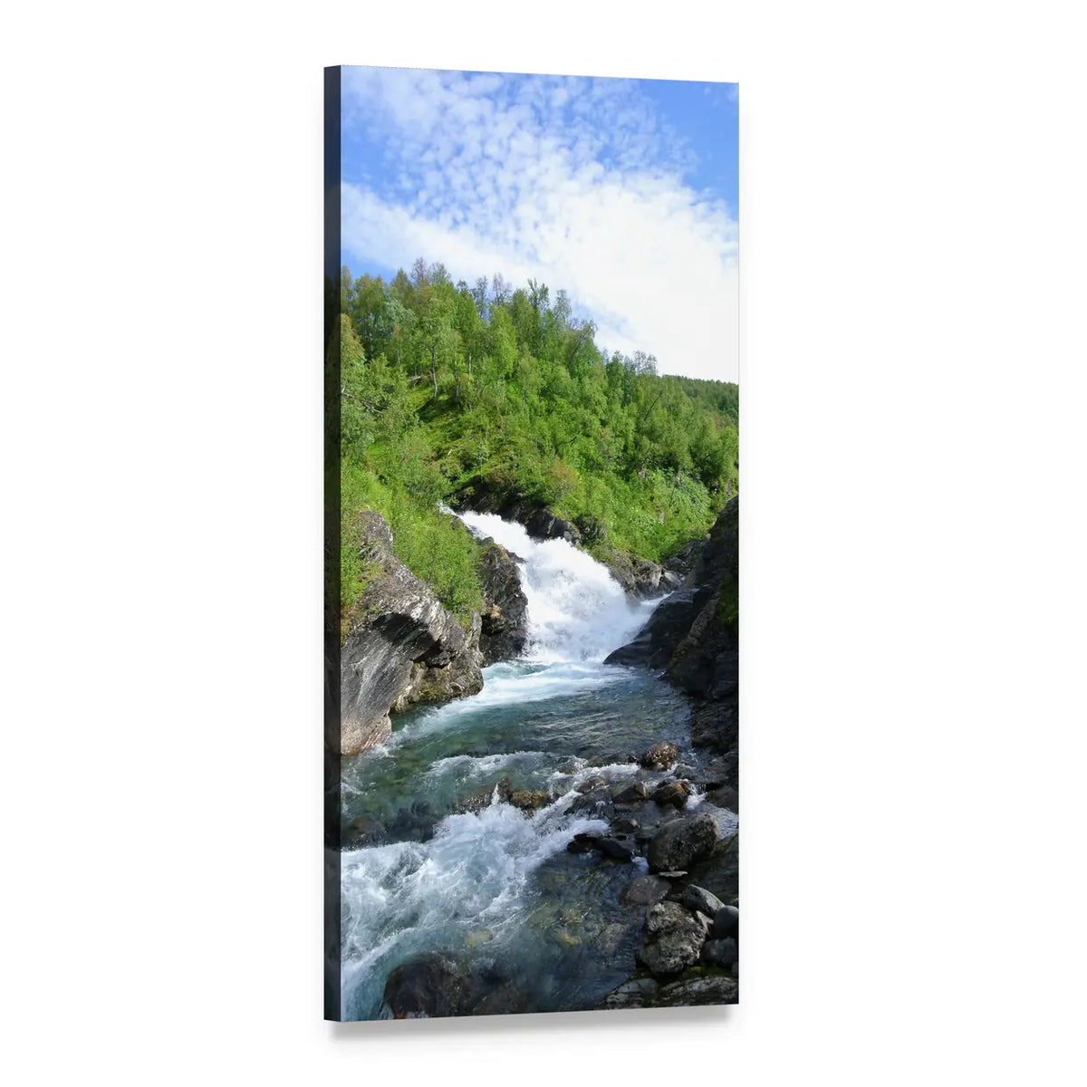 Sweden Waterfall Landscape Vertical Canvas Wall Art, 1 panel 1 Vertical layout gallery wrapped canvas set, angled product view