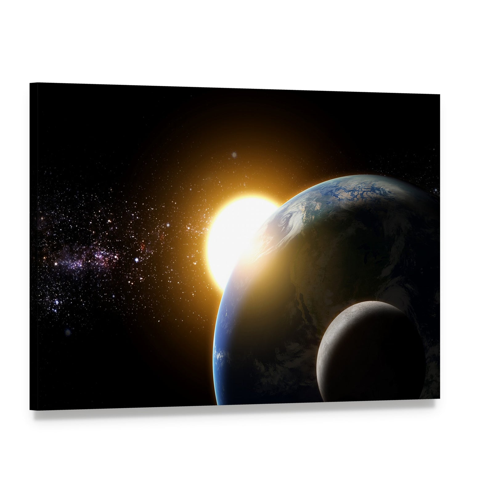 Earth and Moon in Galaxy Canvas Wall Art, single panel gallery wrapped canvas, angled product view