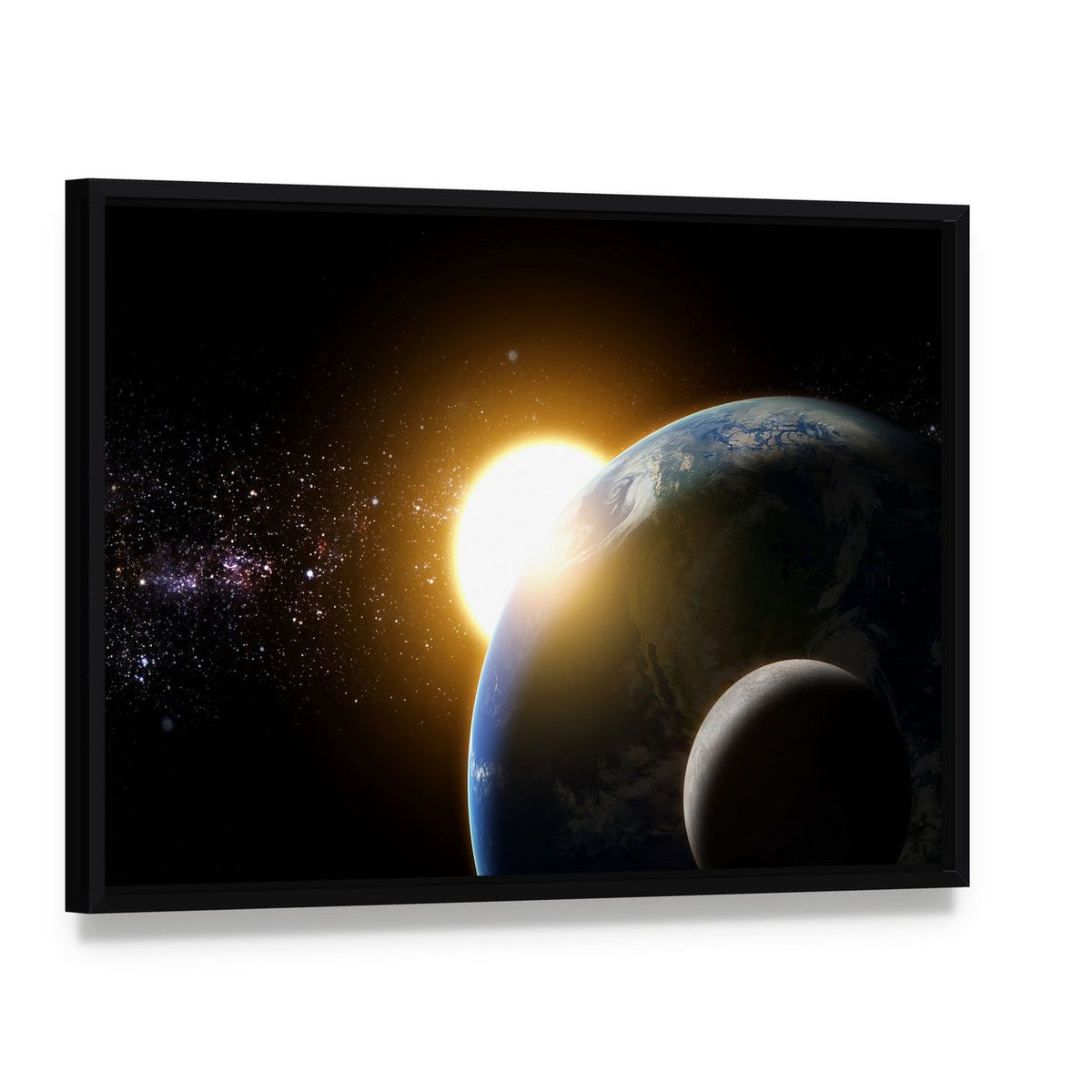 Earth and Moon in Galaxy Canvas Wall Art, framed canvas in a black floater frame, angled product view