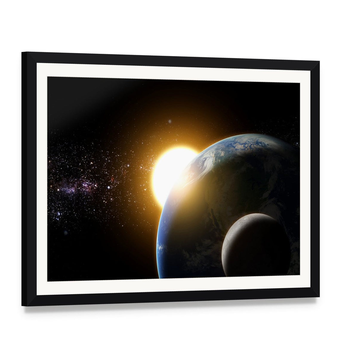 Earth and Moon in Galaxy Canvas Wall Art, framed print with white mat and black frame, angled product view