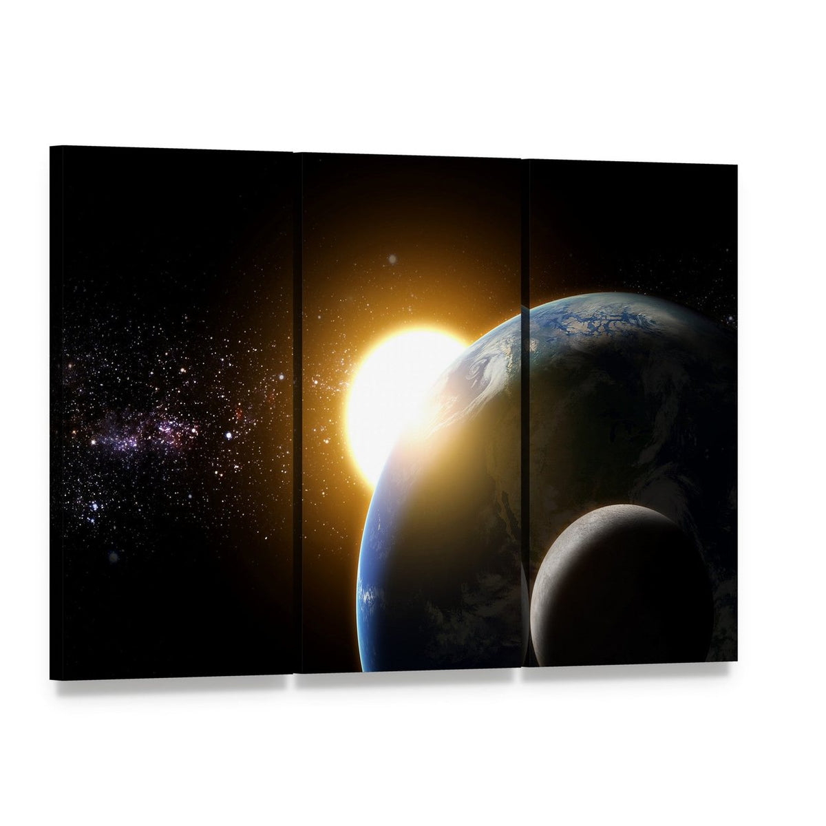 Earth and Moon in Galaxy Canvas Wall Art, 3 panel 3 Horizontal layout gallery wrapped canvas set, angled product view