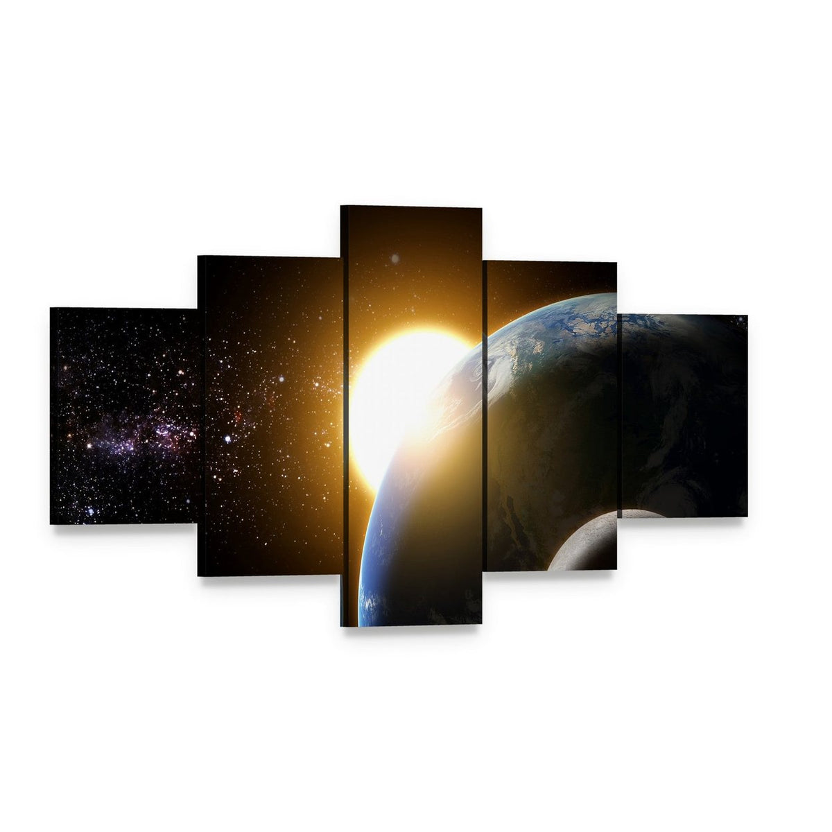 Earth and Moon in Galaxy Canvas Wall Art, 5 panel 5 Star layout gallery wrapped canvas set, angled product view