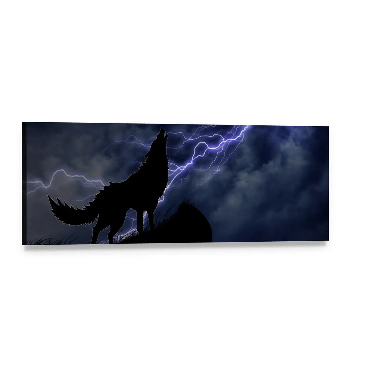 Howling Wolf Silhouette in Thunderstorm Panoramic Canvas Wall Art, single panel gallery wrapped canvas, angled product view