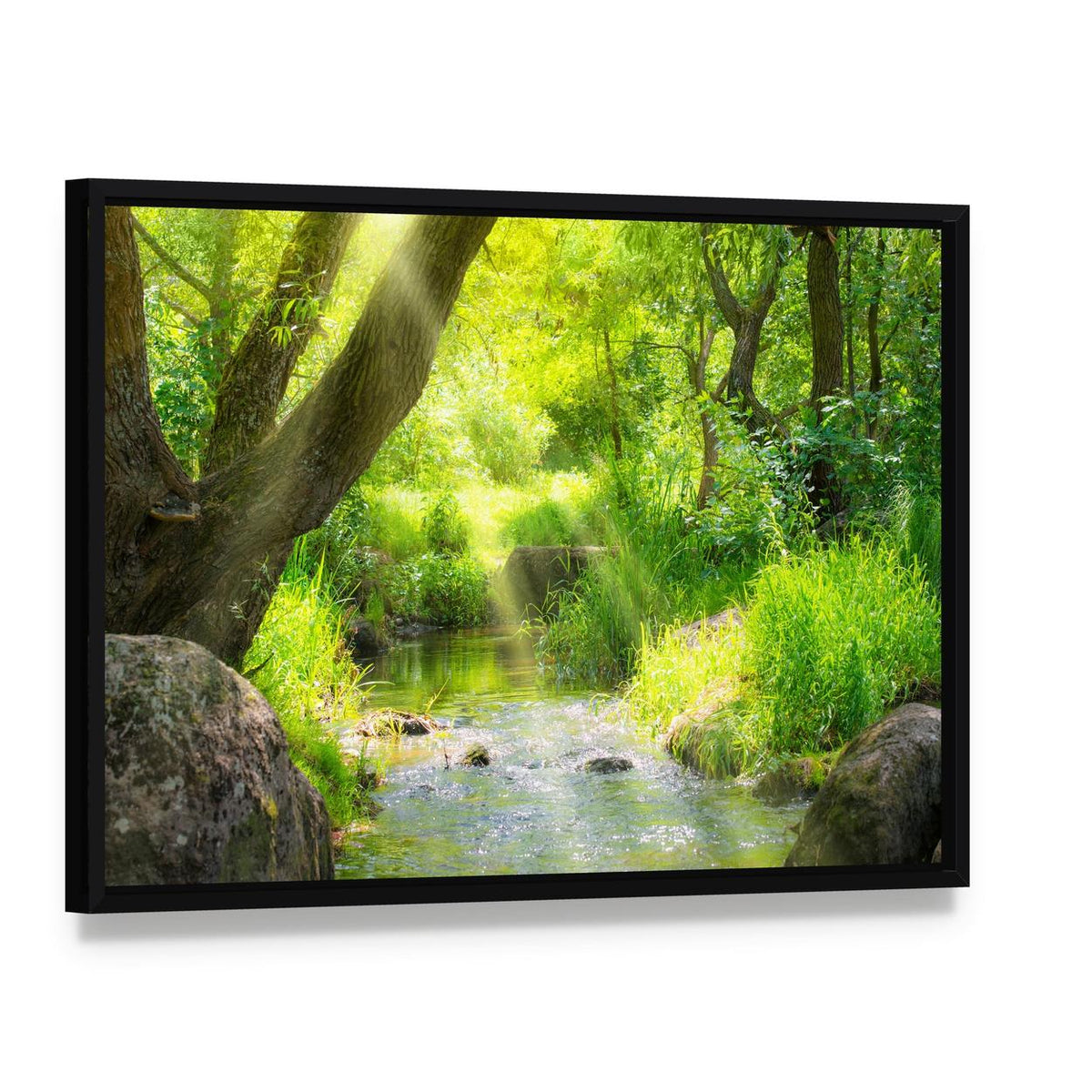 Stream in the Tropical Forest Canvas Wall Art, framed canvas in a black floater frame, angled product view