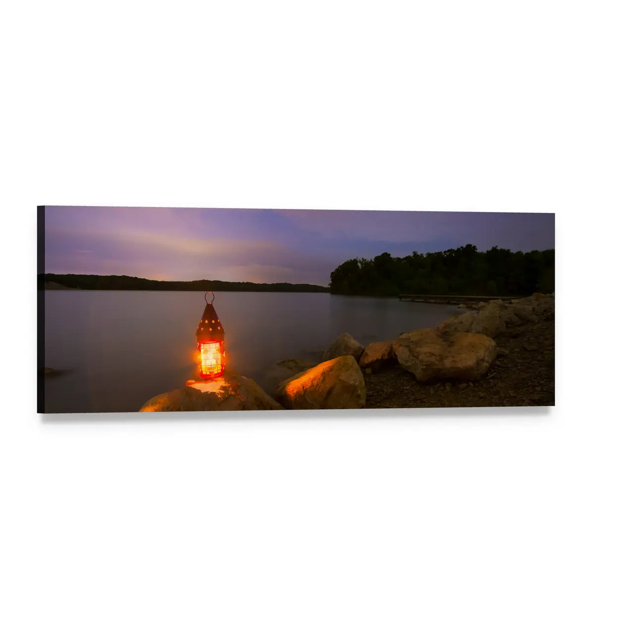Lantern at Dusk Over Calm Lake Panoramic Canvas Wall Art, single panel gallery wrapped canvas, angled product view