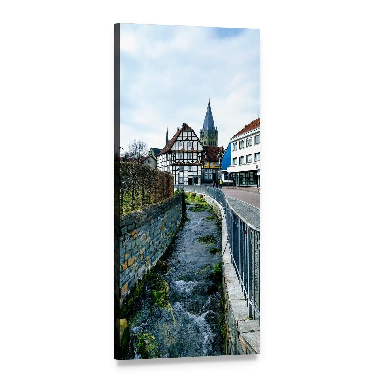 Soest Canal and Half-timbered Houses Vertical Canvas Wall Art, 1 panel 1 Vertical layout gallery wrapped canvas set, angled product view