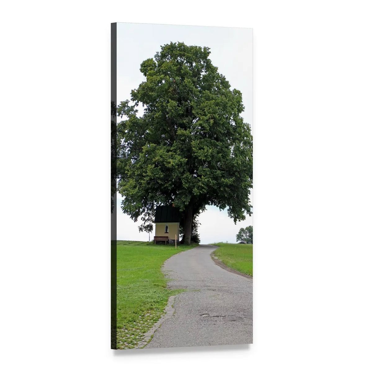 Yellow Chapel Under a Tree Vertical Canvas Wall Art, 1 panel 1 Vertical layout gallery wrapped canvas set, angled product view