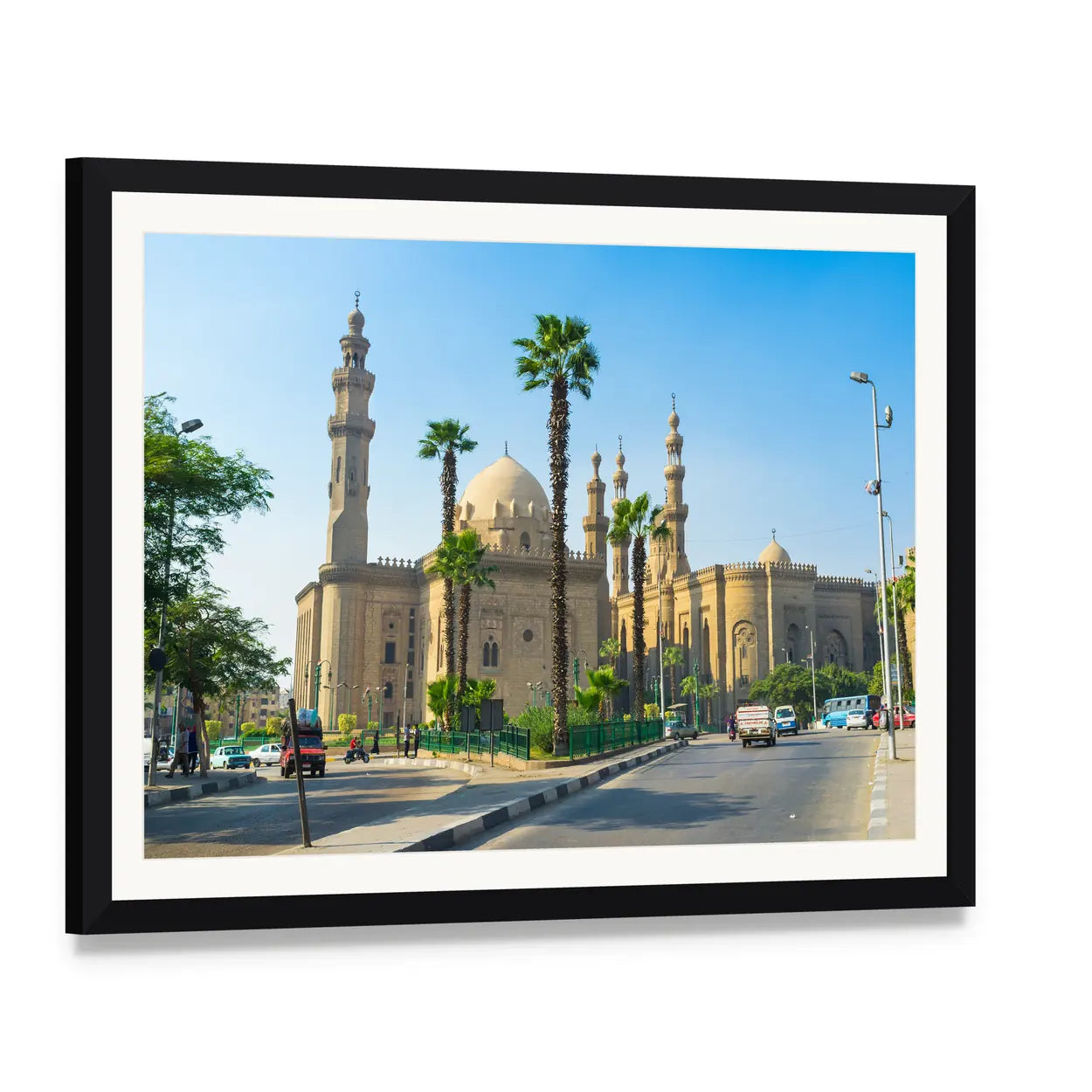 Mosque of Sultan Hassan Canvas Wall Art, framed print with white mat and black frame, angled product view