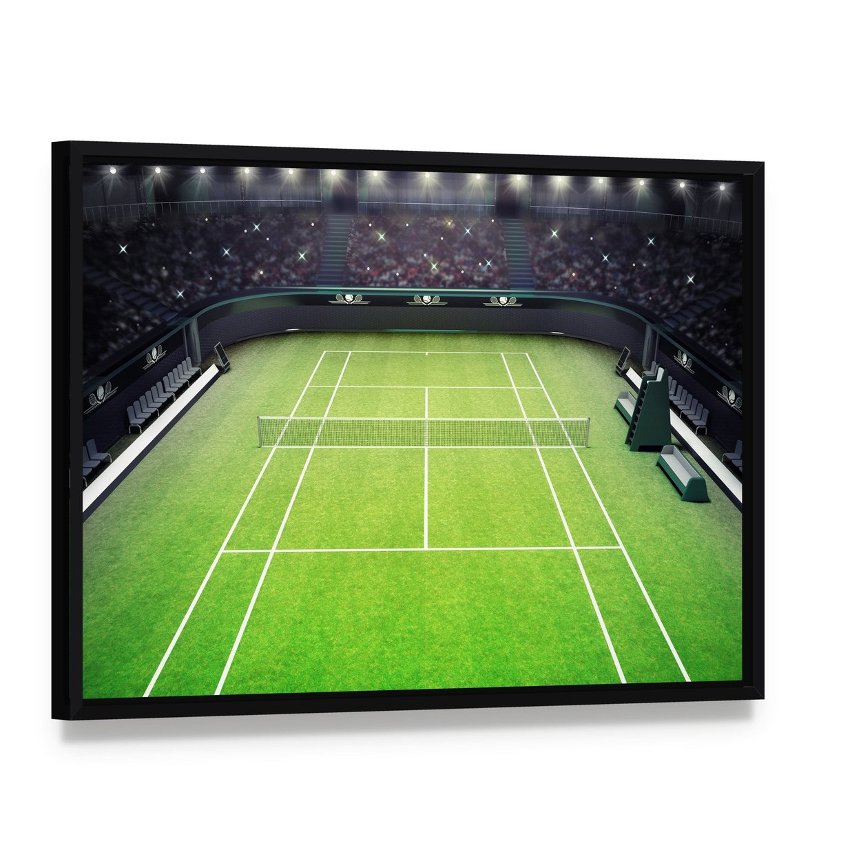 Tennis Stadium Canvas Wall Art, framed canvas in a black floater frame, angled product view