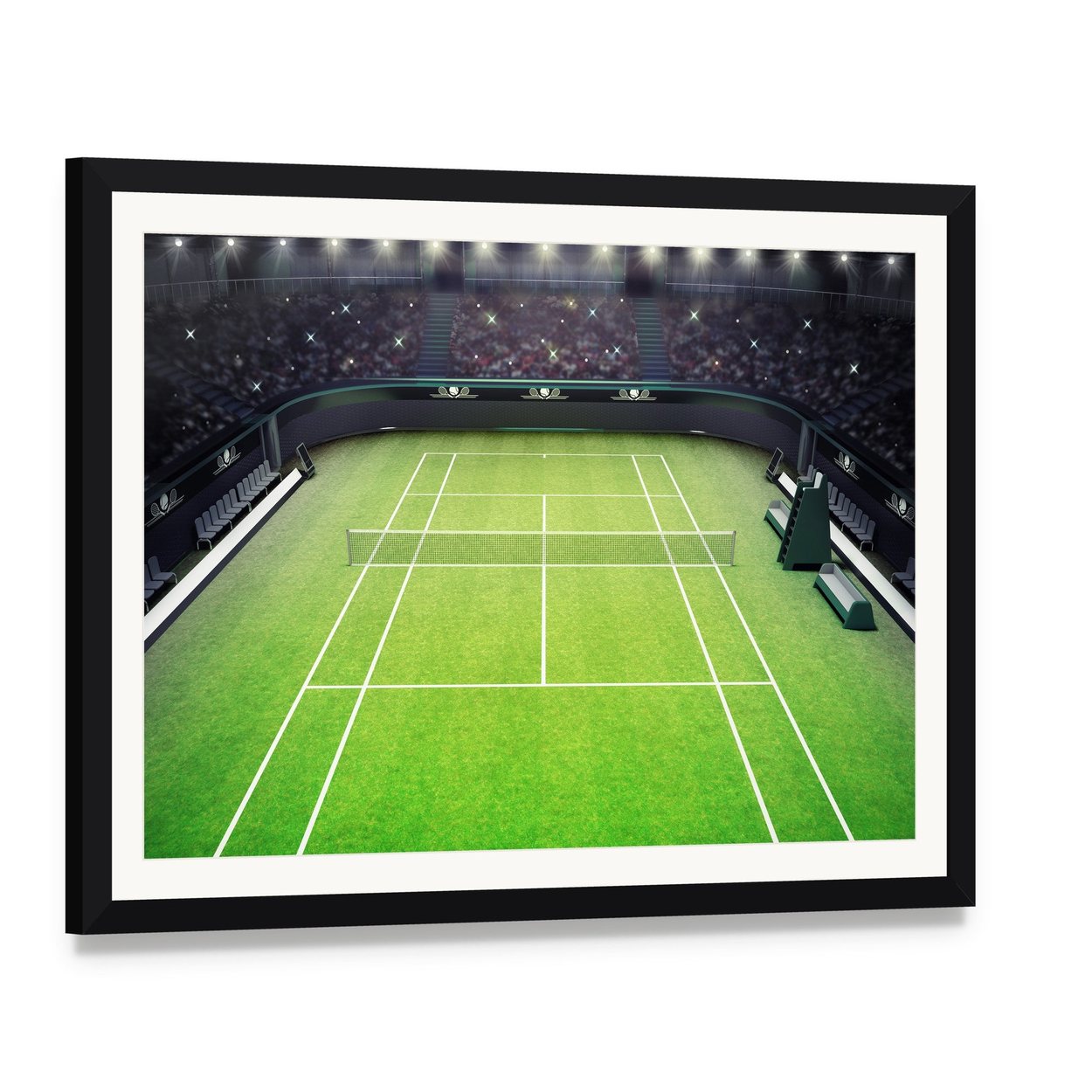 Tennis Stadium Canvas Wall Art, framed print with white mat and black frame, angled product view