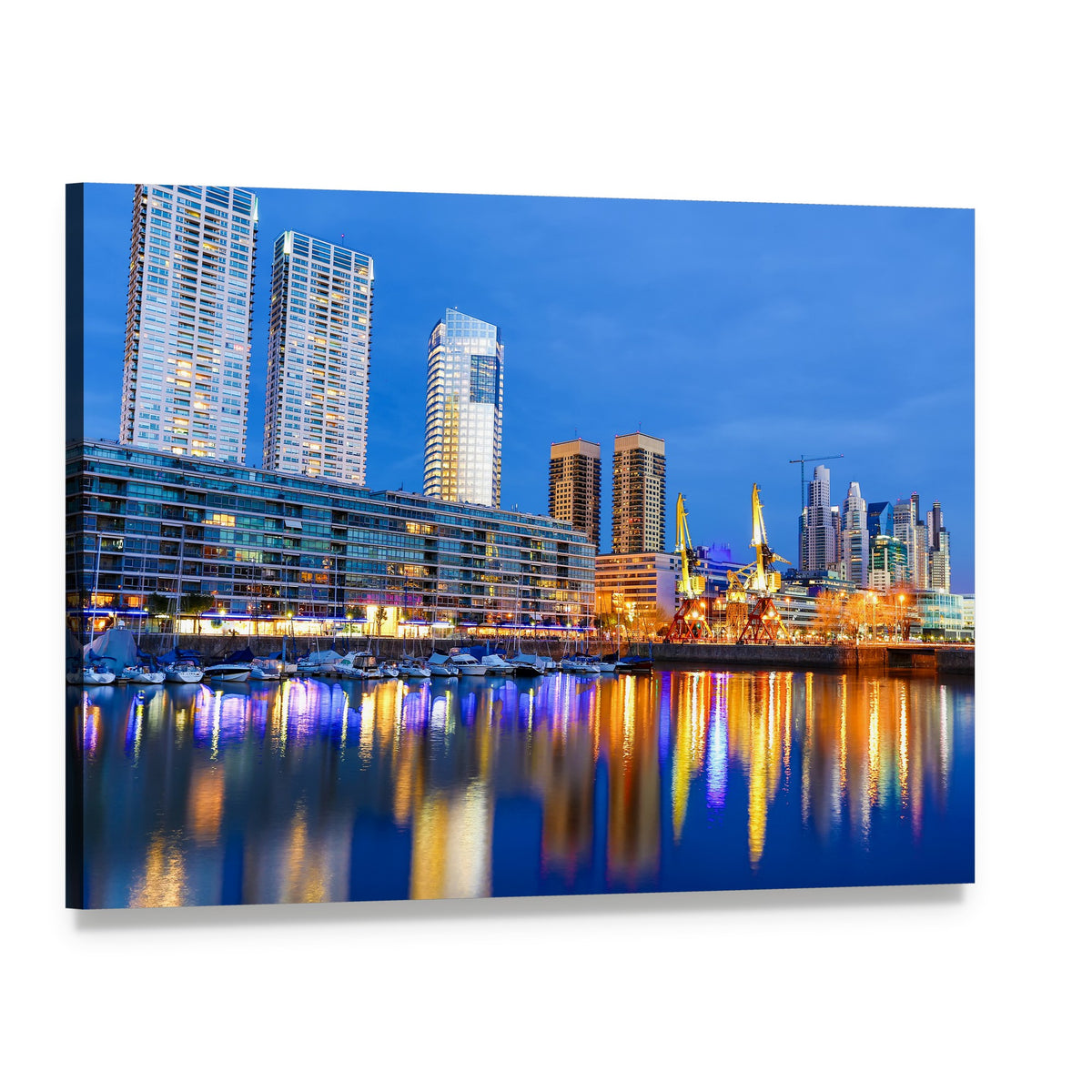 Puerto Madero Nighttime Skyline Canvas Wall Art, single panel gallery wrapped canvas, angled product view