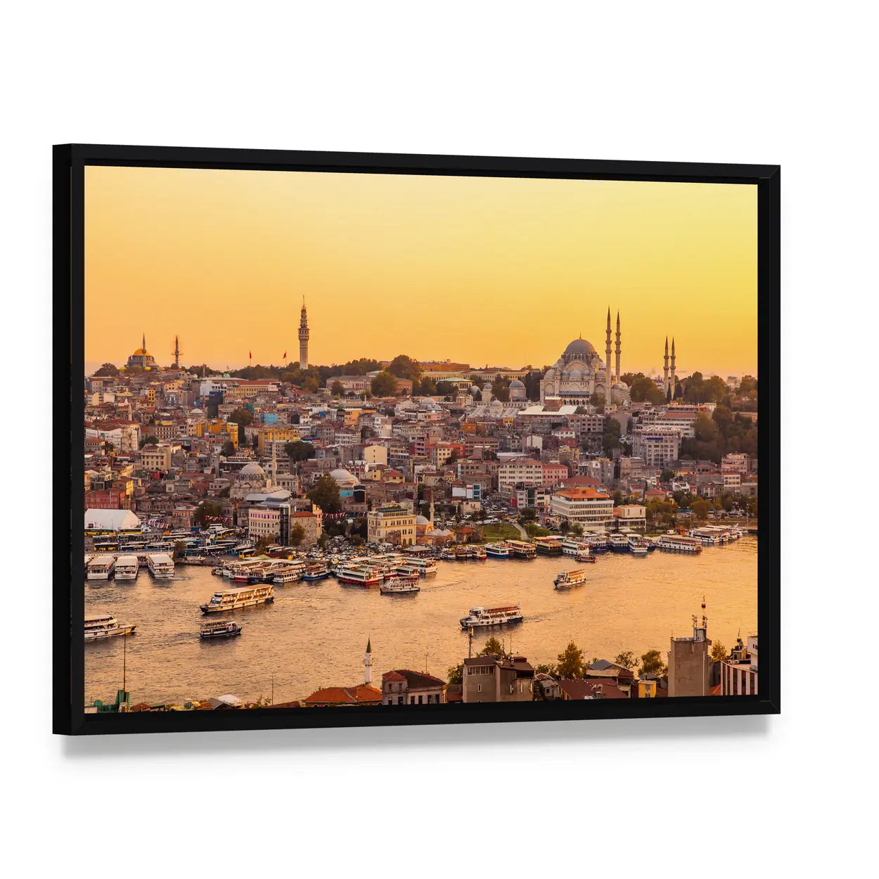 View On Golden Horn Bay From Galata Tower Canvas Wall Art, framed canvas in a black floater frame, angled product view