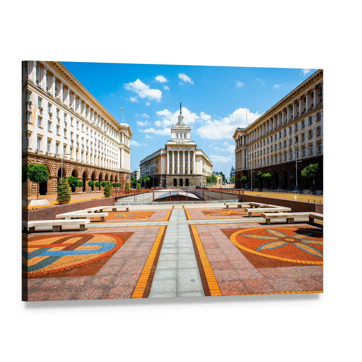 Three Socialist Classicism Buildings Canvas Wall Art, single panel gallery wrapped canvas, angled product view