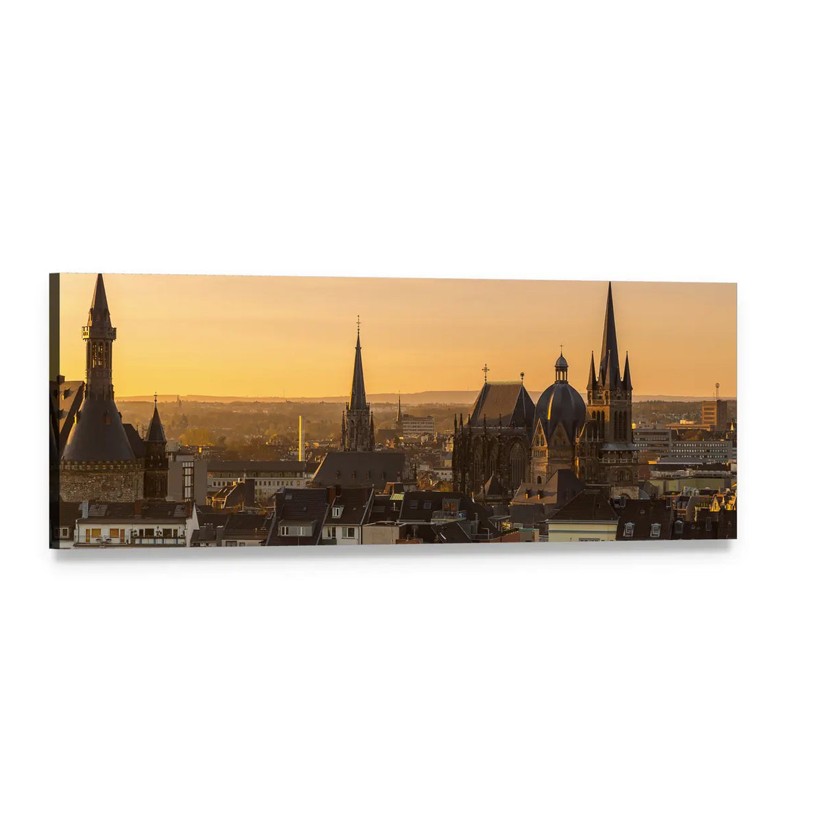 Aachen Skyline at Golden Hour Panoramic Canvas Wall Art, single panel gallery wrapped canvas, angled product view