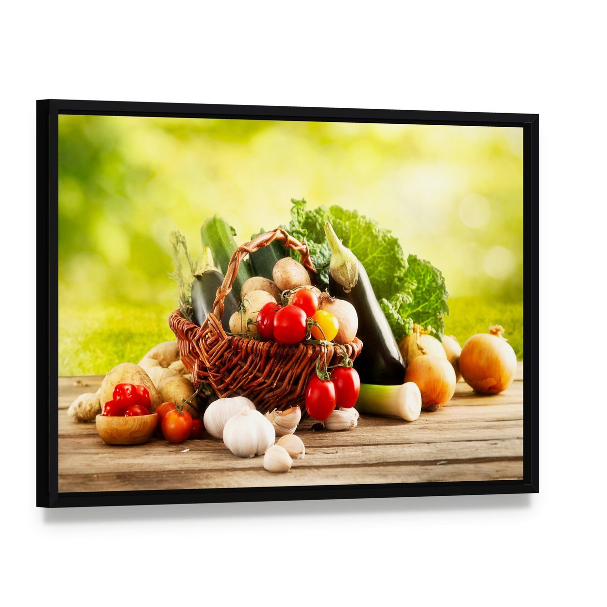 Basket of Fresh Vegetables Canvas Wall Art, framed canvas in a black floater frame, angled product view