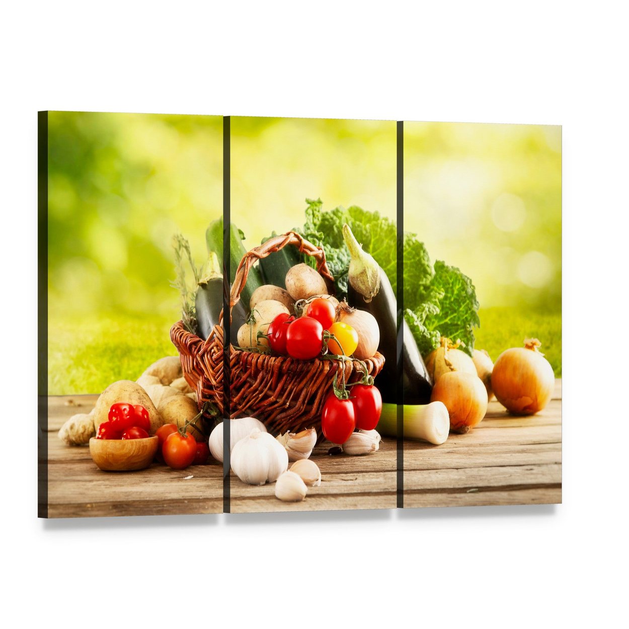 Basket of Fresh Vegetables Canvas Wall Art, 3 panel 3 Horizontal layout gallery wrapped canvas set, angled product view