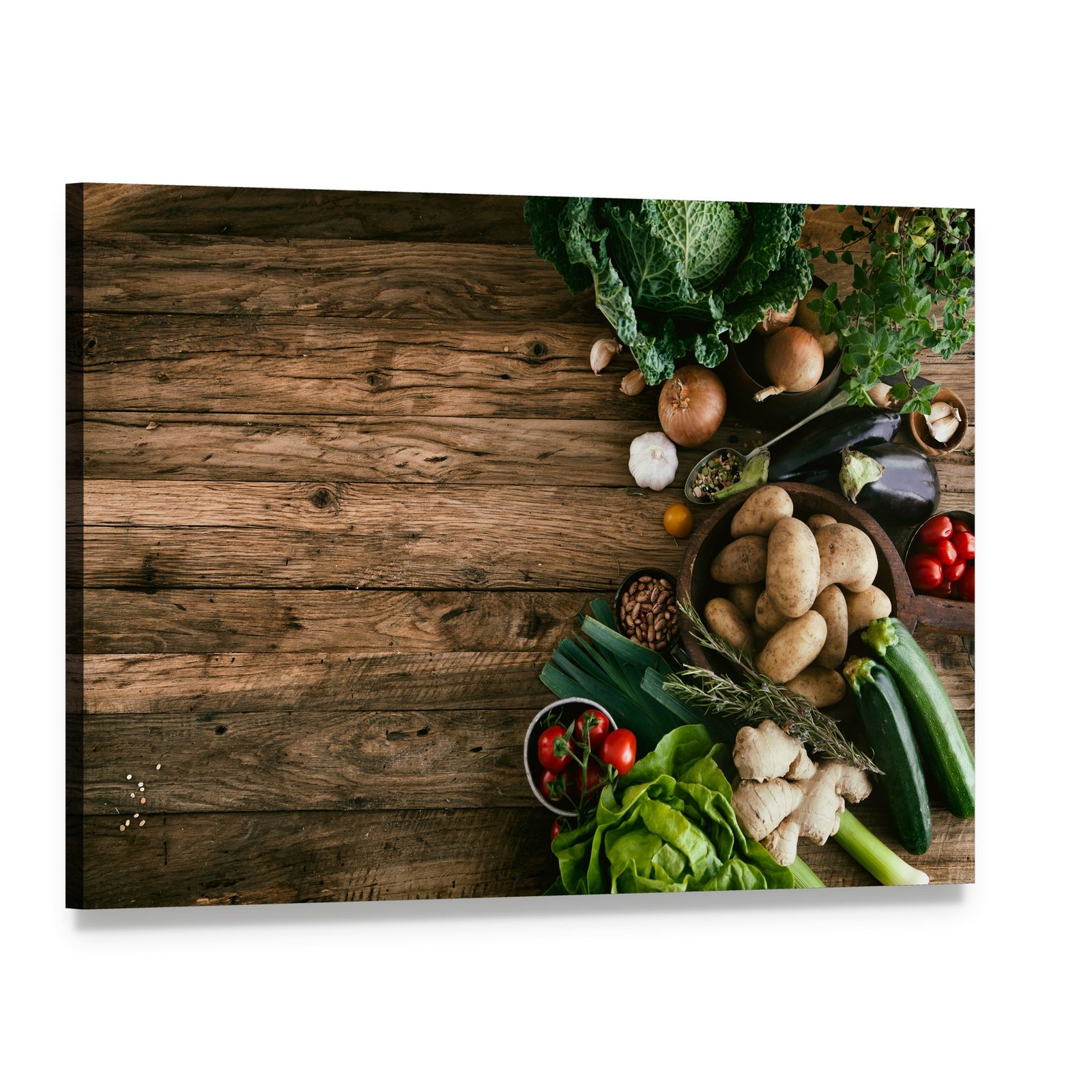 Vegetables on Wood Ready for Cooking Canvas Wall Art, single panel gallery wrapped canvas, angled product view