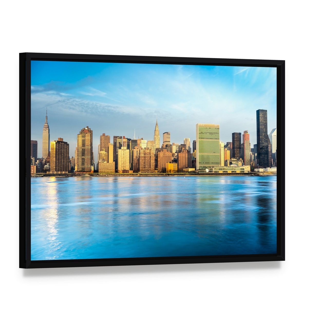 Midtown Manhattan Skyline Canvas Wall Art, framed canvas in a black floater frame, angled product view