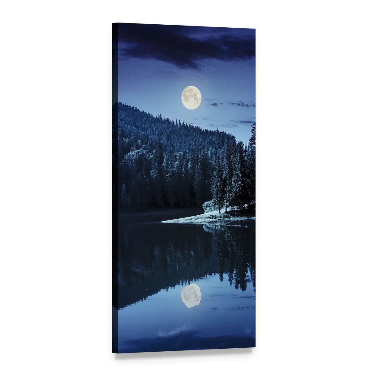 Moonlit Lake by Pine Forest Vertical Canvas Wall Art, 1 panel 1 Vertical layout gallery wrapped canvas set, angled product view
