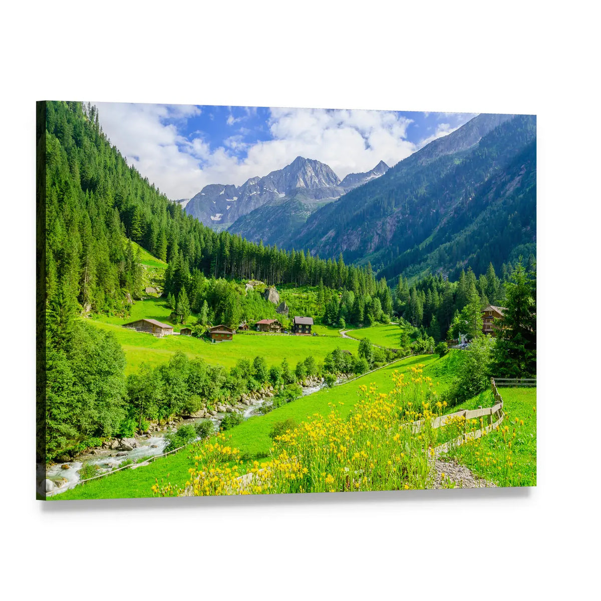 Alpine Cottages in Mountain Valley Canvas Wall Art, single panel gallery wrapped canvas, angled product view