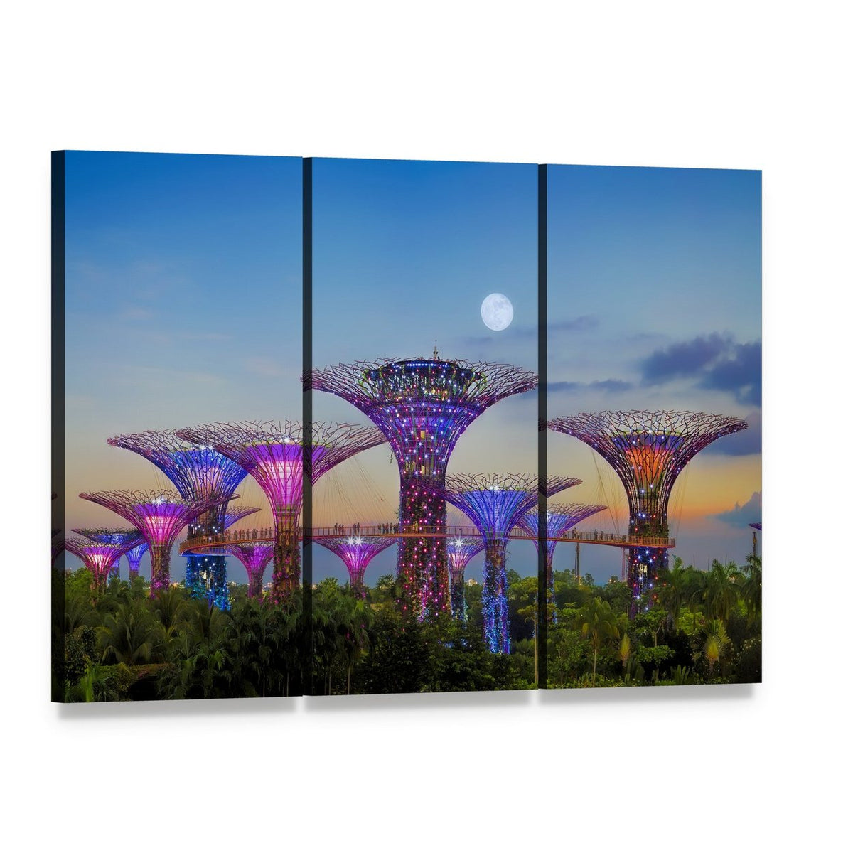 Supertrees Under a Full Moon Canvas Wall Art, 3 panel 3 Horizontal layout gallery wrapped canvas set, angled product view