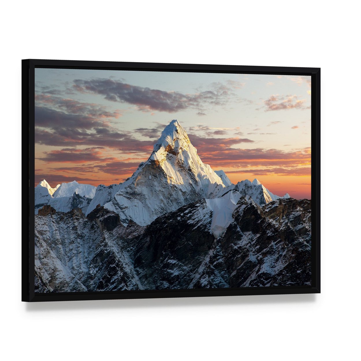 Mount Ama Dablam Canvas Wall Art, framed canvas in a black floater frame, angled product view