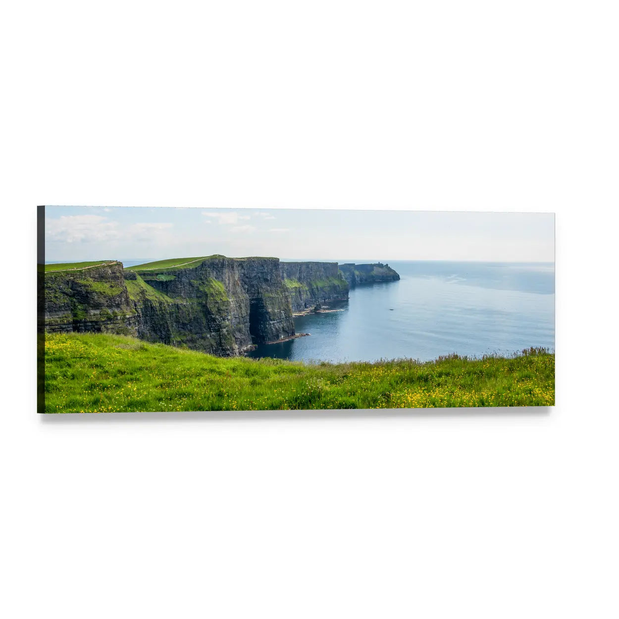 Coastal Cliffs with Grassy Clifftop Panoramic Canvas Wall Art, single panel gallery wrapped canvas, angled product view