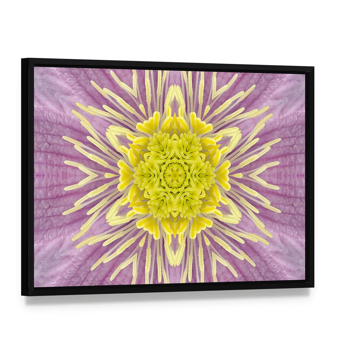 Mandala Kaleidoscope Flower Canvas Wall Art, framed canvas in a black floater frame, angled product view
