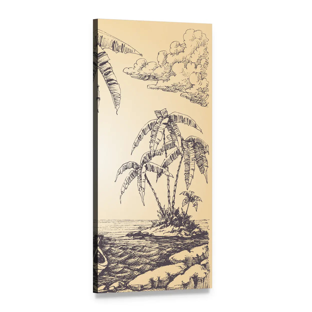 Tropical Island Ink Sketch Vertical Canvas Wall Art, 1 panel 1 Vertical layout gallery wrapped canvas set, angled product view