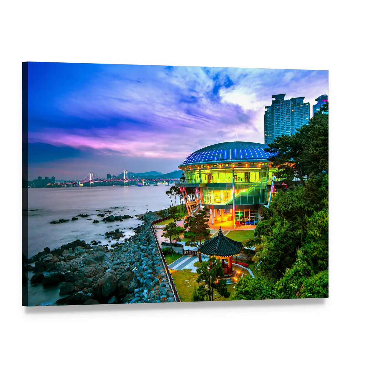 Circular Green Building and Pavilion at Sunset Canvas Wall Art, single panel gallery wrapped canvas, angled product view