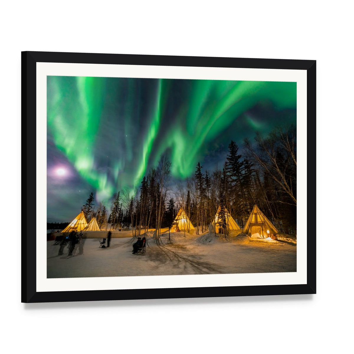 Aurora Village Canvas Wall Art, framed print with white mat and black frame, angled product view