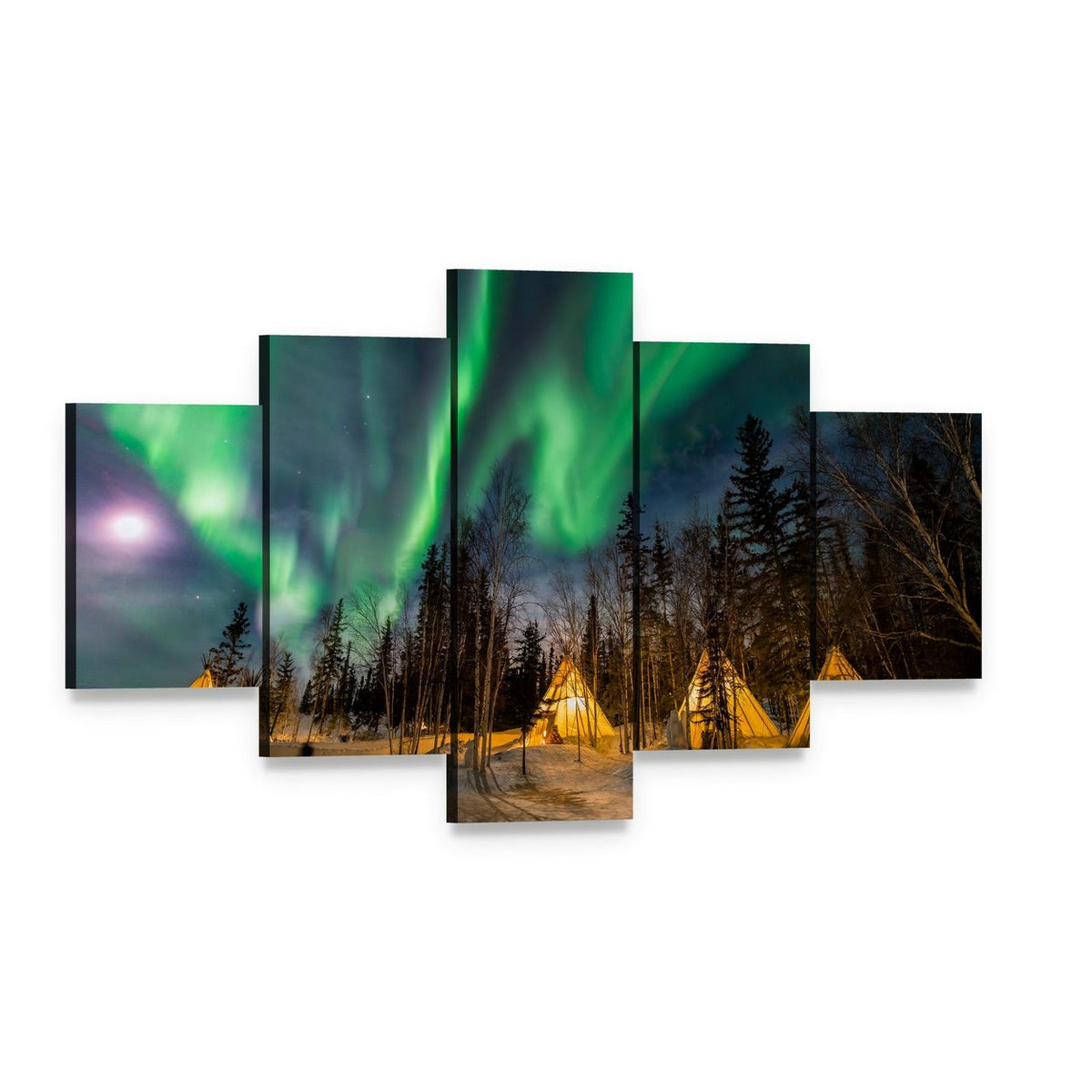 Aurora Village Canvas Wall Art, 5 panel 5 Star layout gallery wrapped canvas set, angled product view