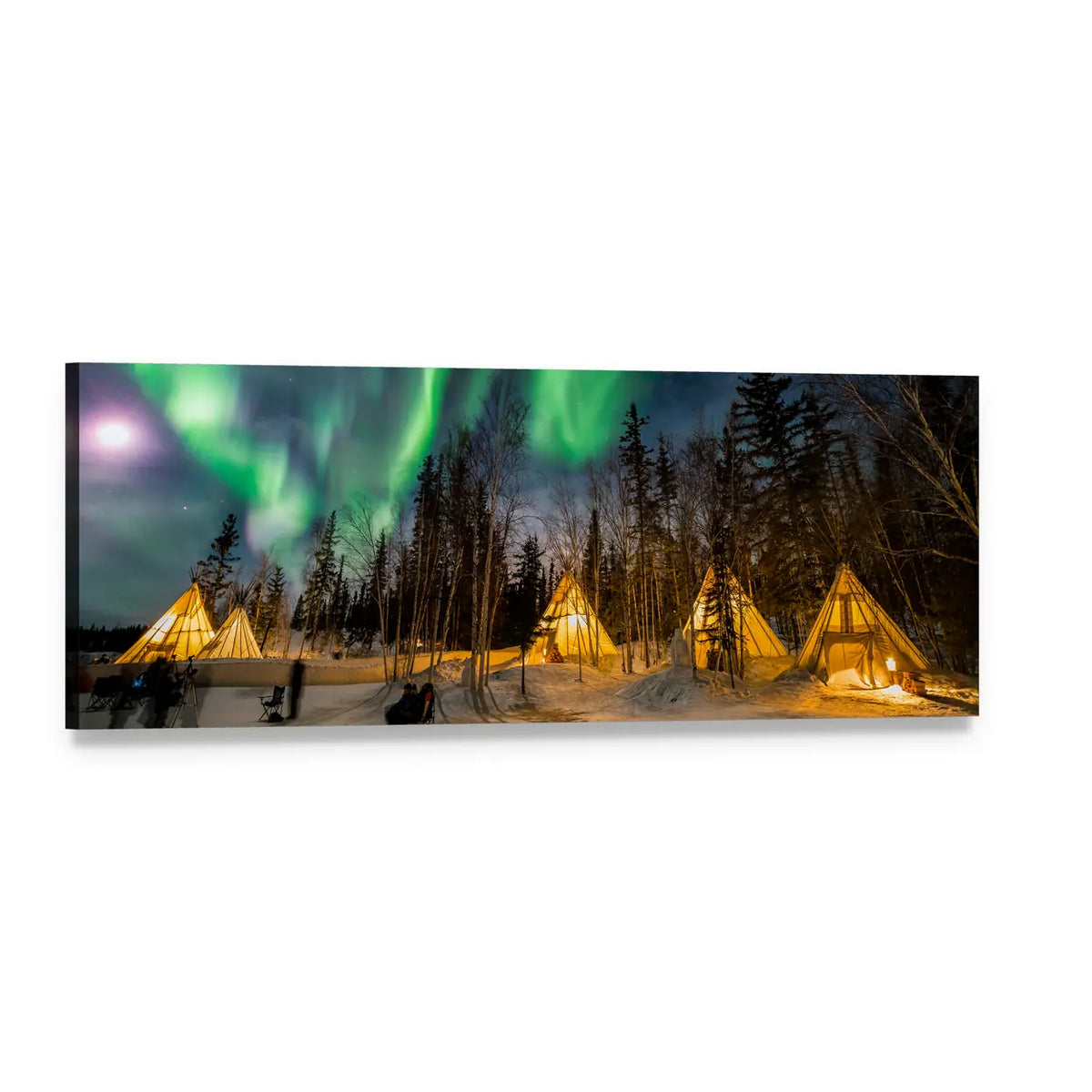 Aurora Over Snowy Tipis Panoramic Canvas Wall Art, single panel gallery wrapped canvas, angled product view